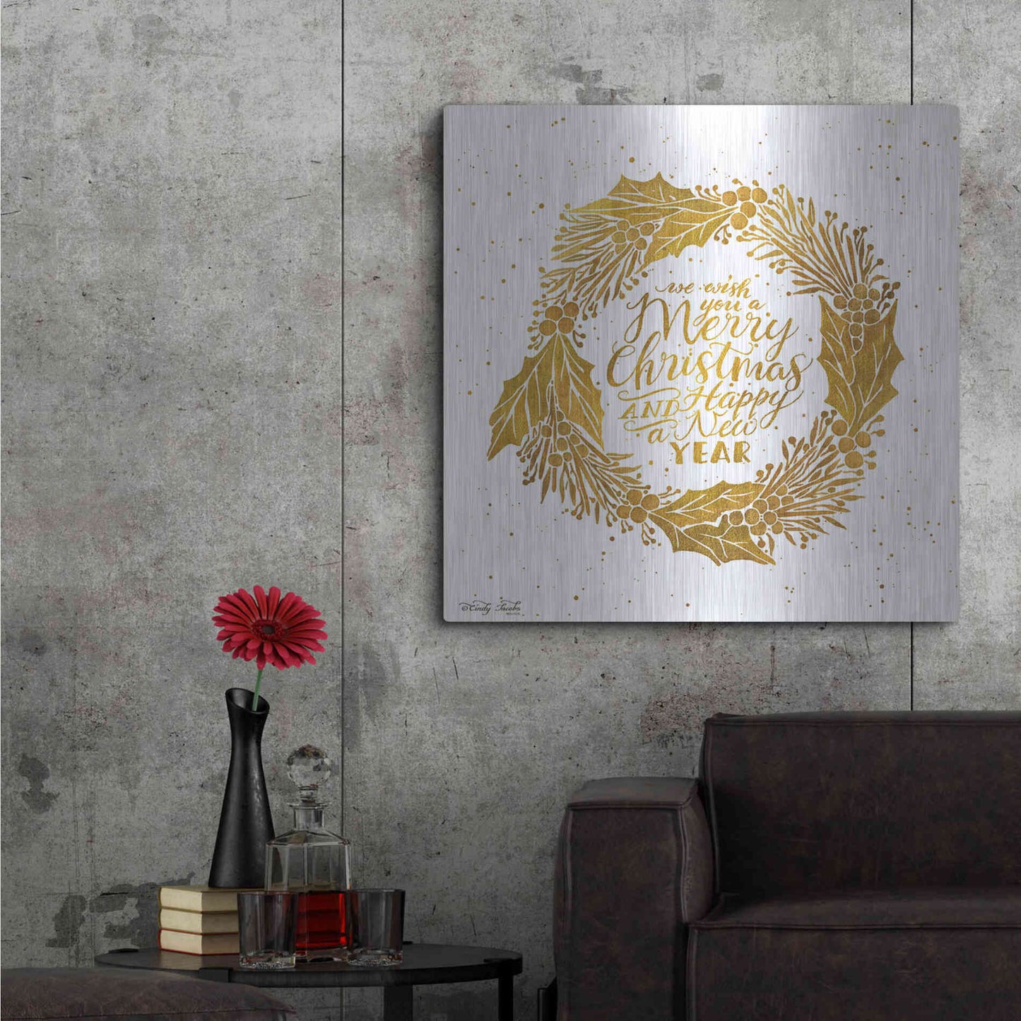 Luxe Metal Art 'Christmas and New Year Gold Wreath' by Cindy Jacobs, Metal Wall Art,36x36