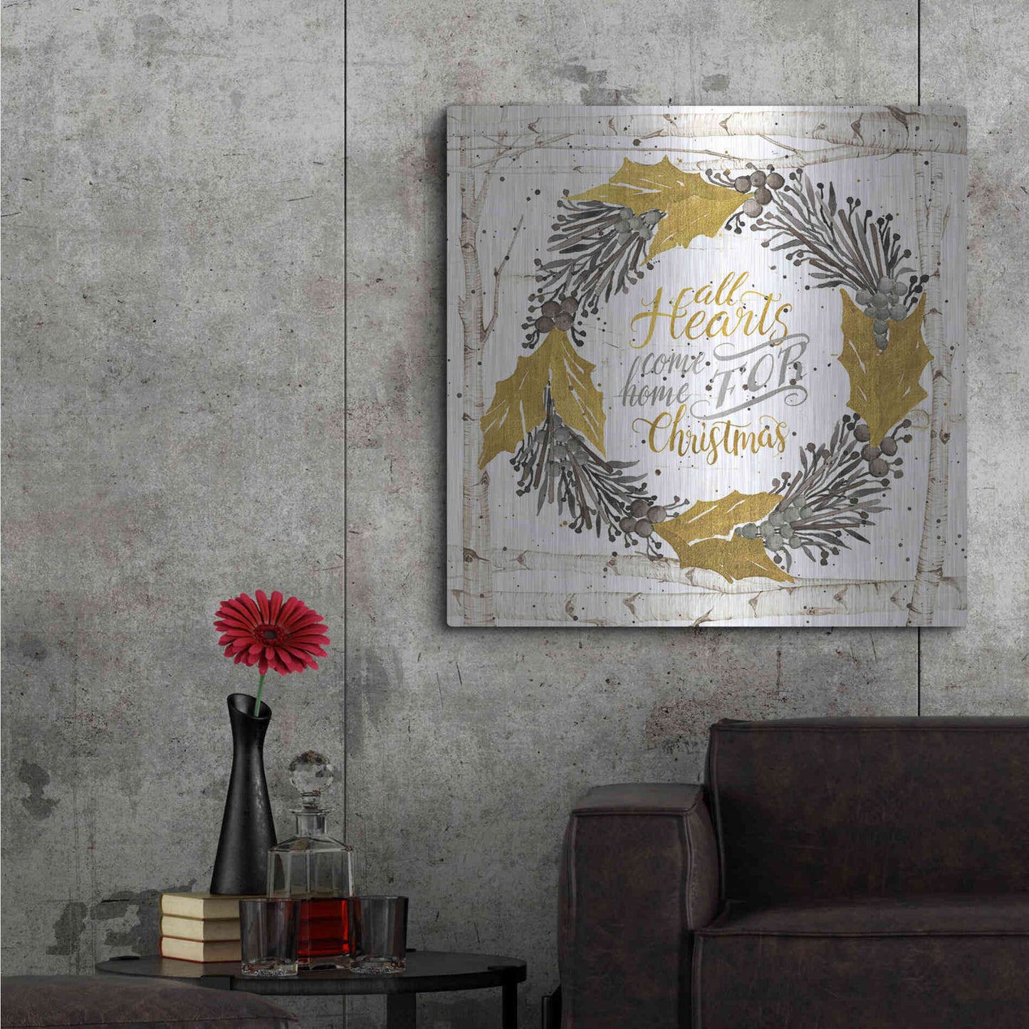 Luxe Metal Art 'All Hearts Come Home for Christmas Birch Wreath' by Cindy Jacobs, Metal Wall Art,36x36