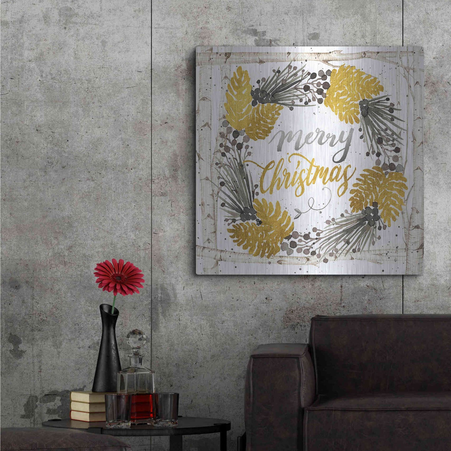 Luxe Metal Art 'Merry Christmas Birch Wreath' by Cindy Jacobs, Metal Wall Art,36x36