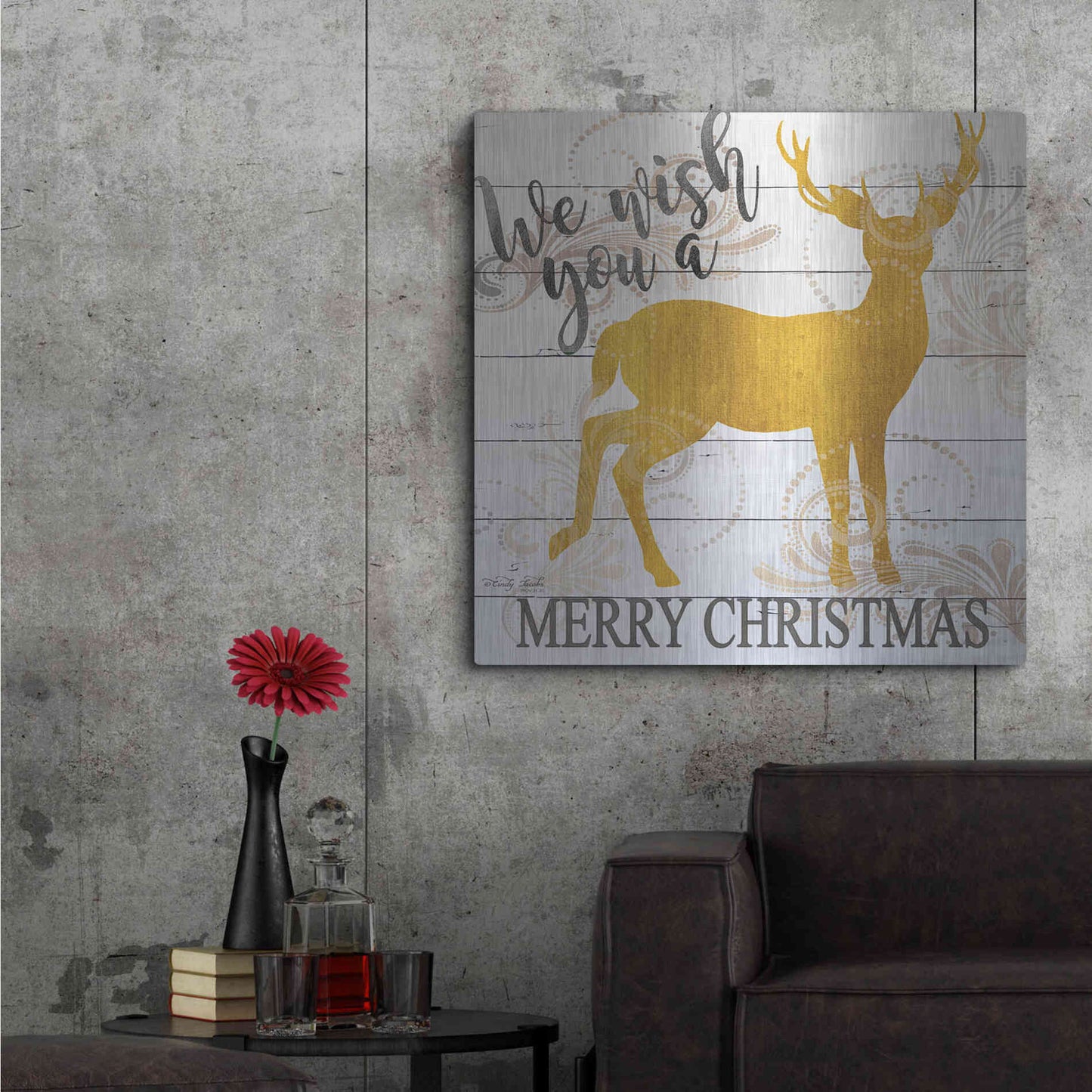 Luxe Metal Art 'We Wish You a Merry Christmas Deer' by Cindy Jacobs, Metal Wall Art,36x36