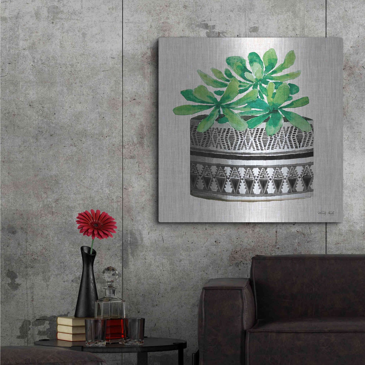 Luxe Metal Art 'Cactus Mud Cloth Vase II' by Cindy Jacobs, Metal Wall Art,36x36