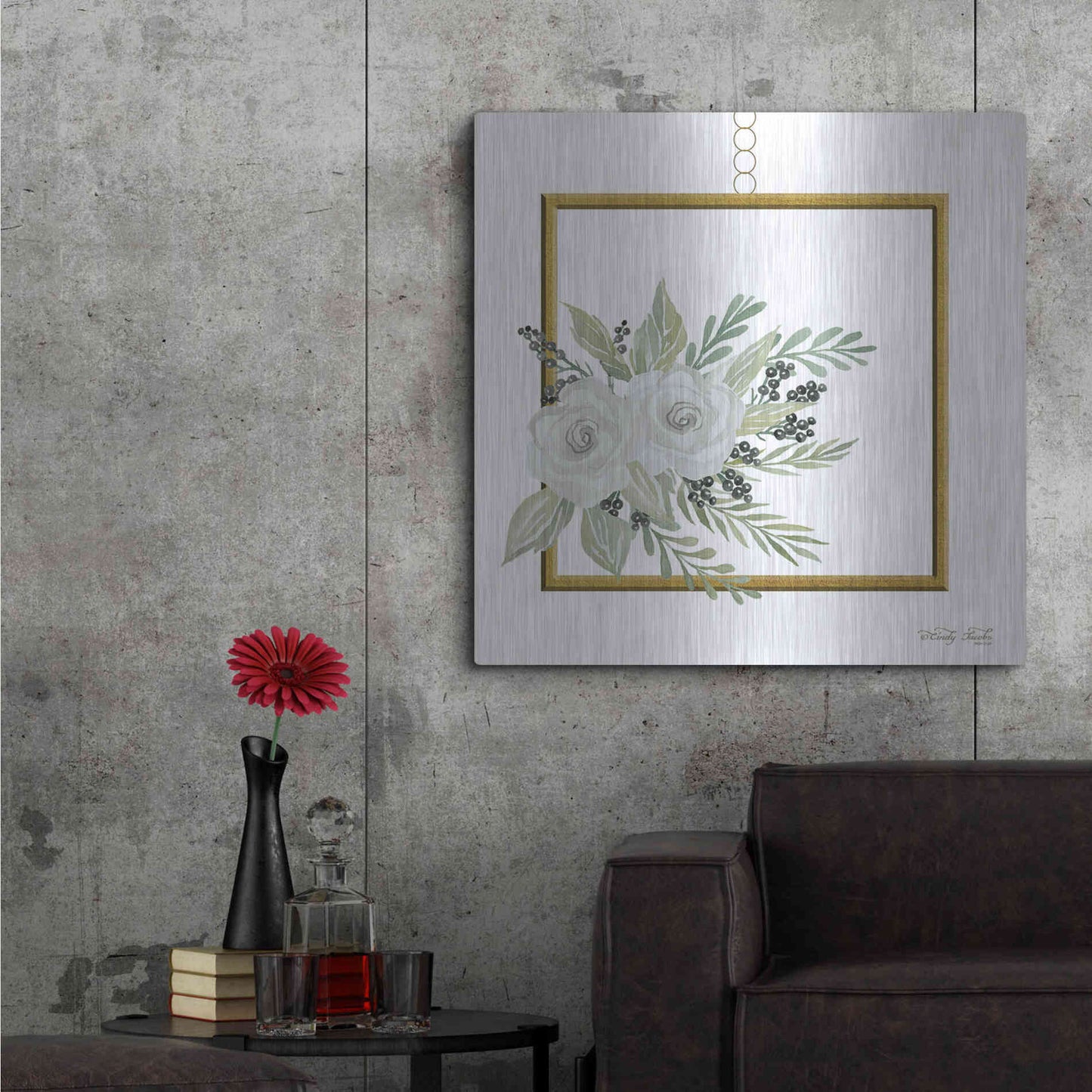 Luxe Metal Art 'Geometric Square Muted Floral' by Cindy Jacobs, Metal Wall Art,36x36