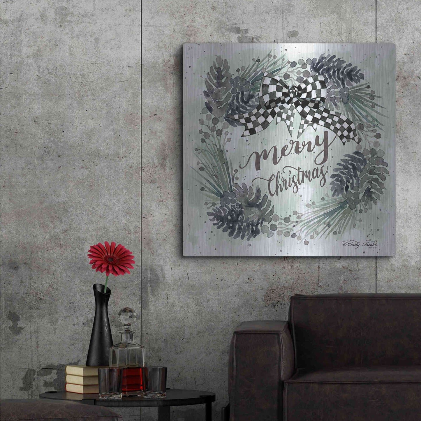 Luxe Metal Art 'Merry Christmas Wreath II' by Cindy Jacobs, Metal Wall Art,36x36