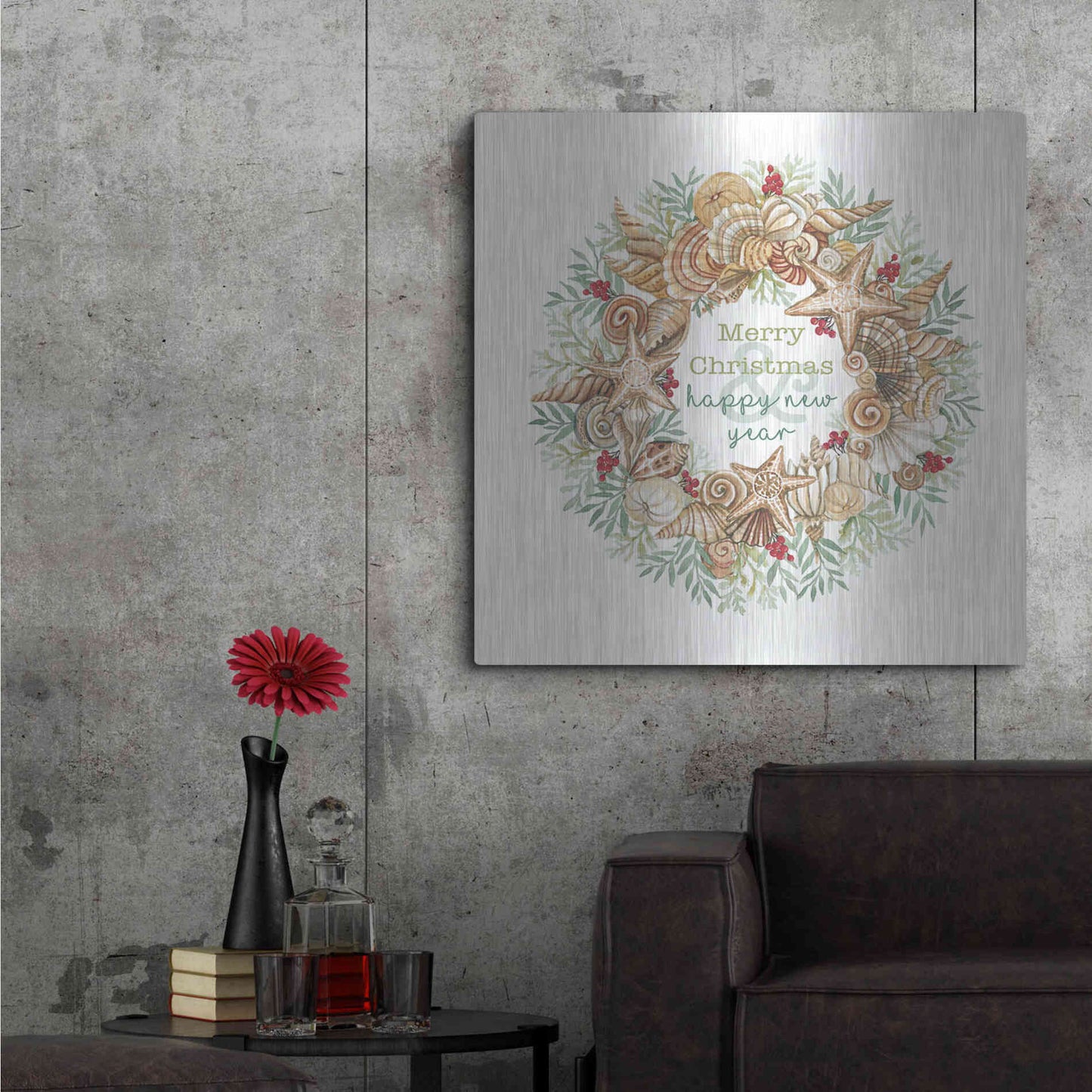 Luxe Metal Art 'Coastal Wreath Merry Christmas' by Cindy Jacobs, Metal Wall Art,36x36