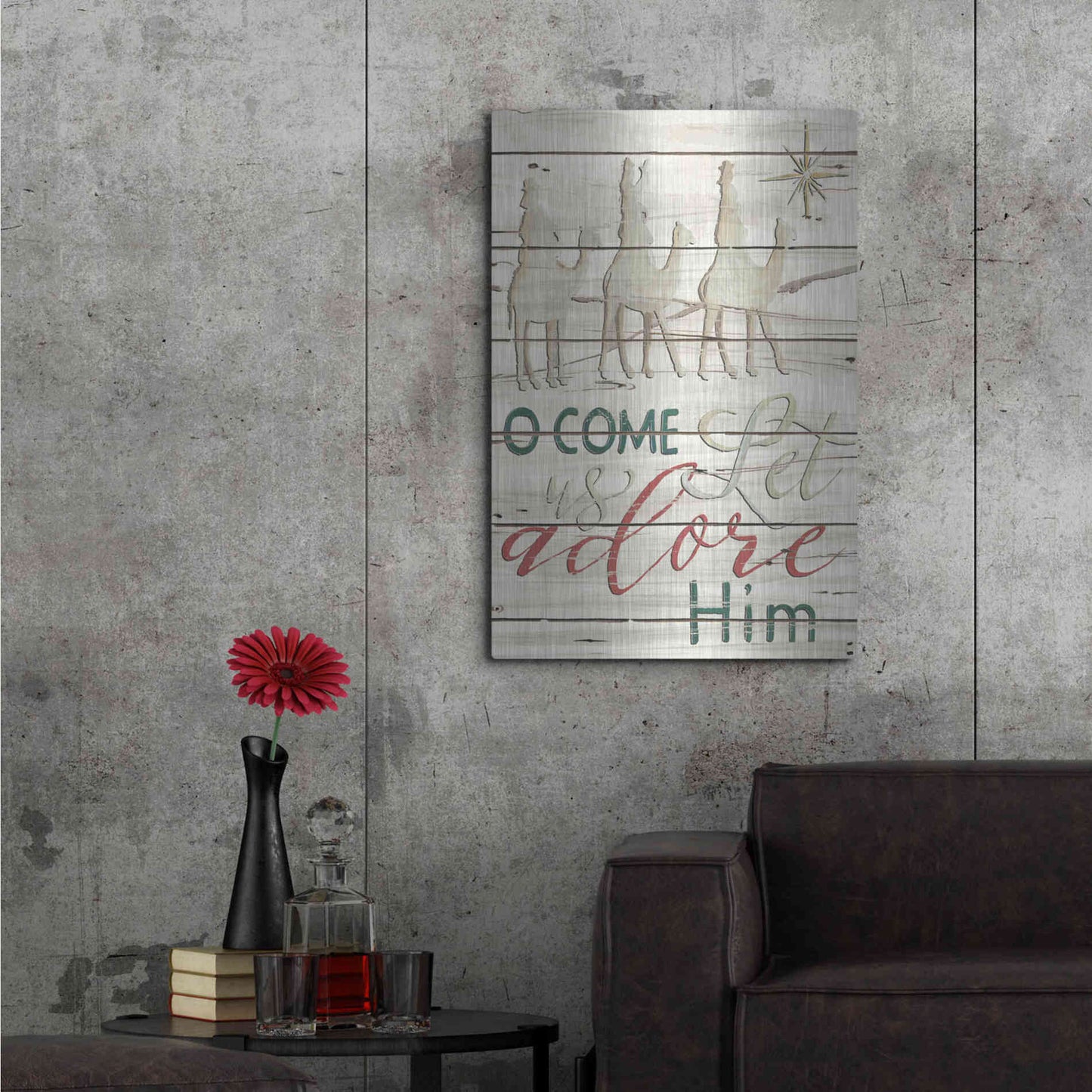 Luxe Metal Art 'Come Let Us Adore Him Shiplap' by Cindy Jacobs, Metal Wall Art,24x36