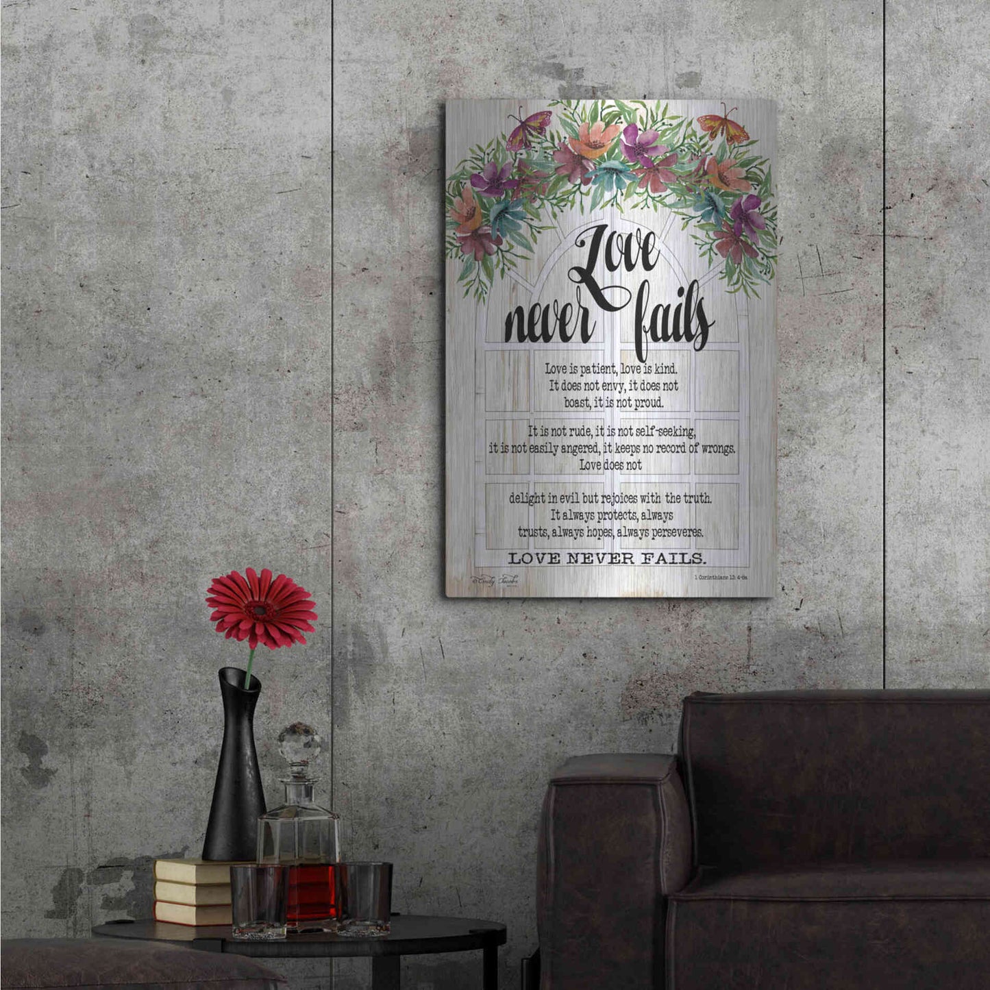 Luxe Metal Art 'Floral Love Never Fails' by Cindy Jacobs, Metal Wall Art,24x36