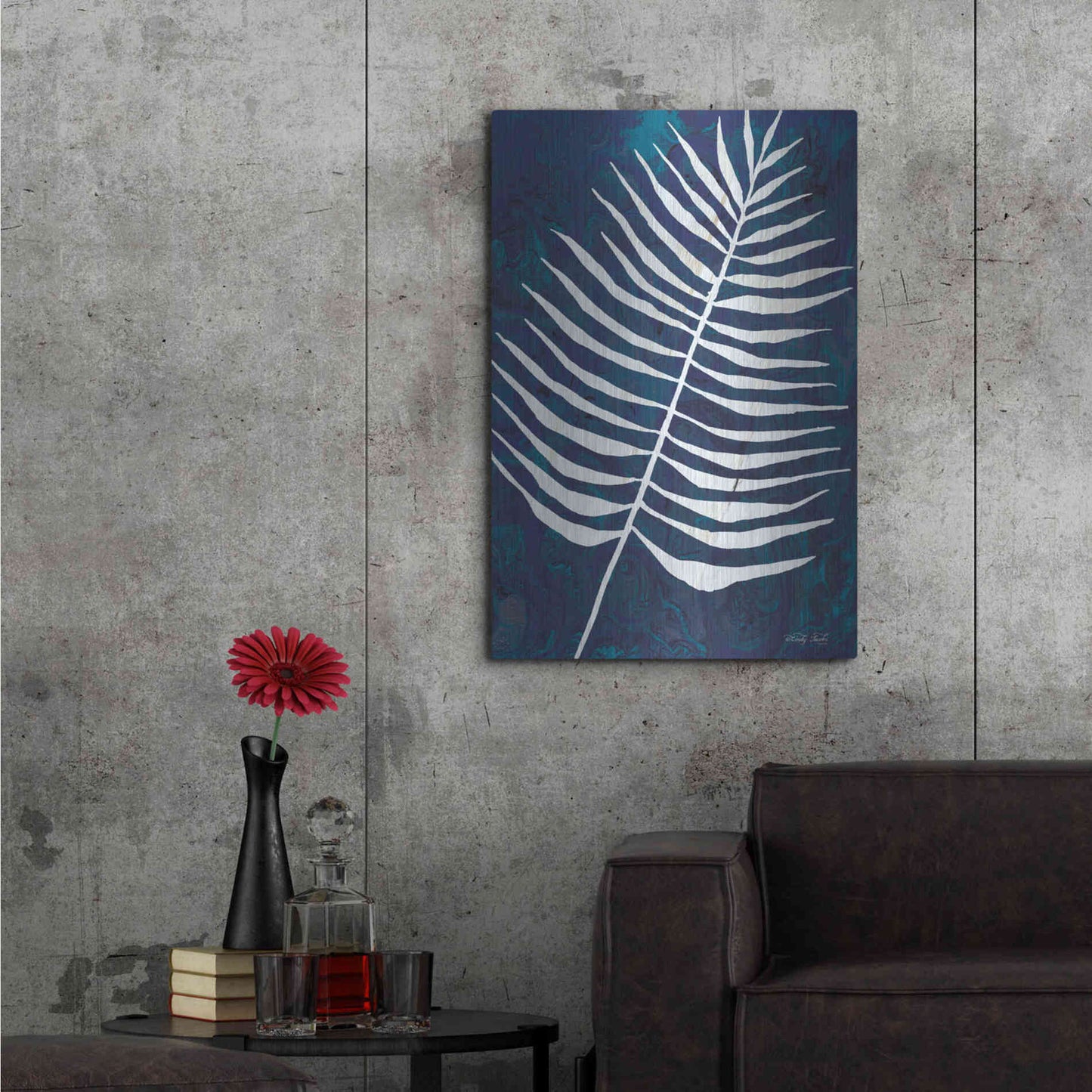 Luxe Metal Art 'Navy Areca Leaf' by Cindy Jacobs, Metal Wall Art,24x36