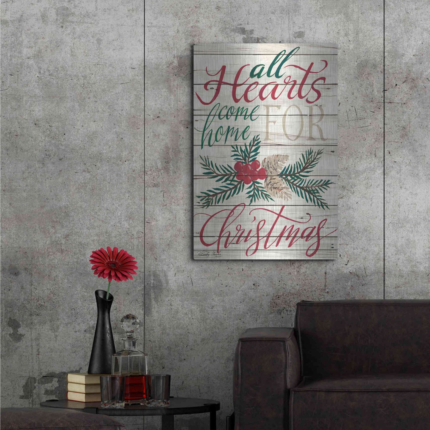 Luxe Metal Art 'All Hearts Come Home for Christmas Shiplap 2' by Cindy Jacobs, Metal Wall Art,24x36