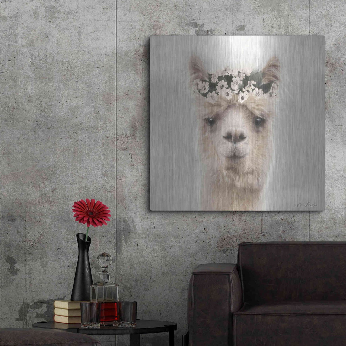 Luxe Metal Art 'Alpaca with Flowers' by Lori Deiter, Metal Wall Art,36x36