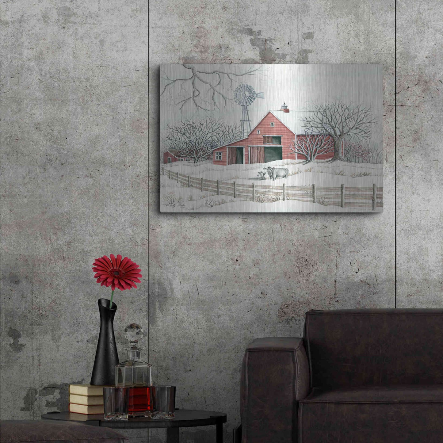 Luxe Metal Art 'Winter Barn with Windmill' by Cindy Jacobs, Metal Wall Art,36x24