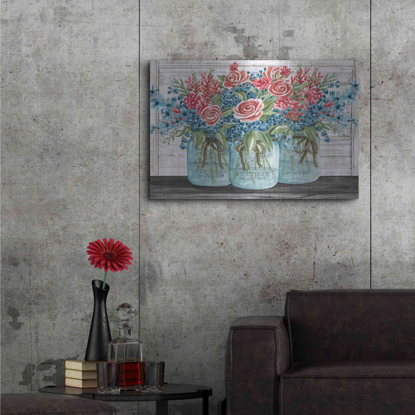 Luxe Metal Art 'Red, White & Blue Jars with White Flowers' by Cindy Jacobs, Metal Wall Art,36x24