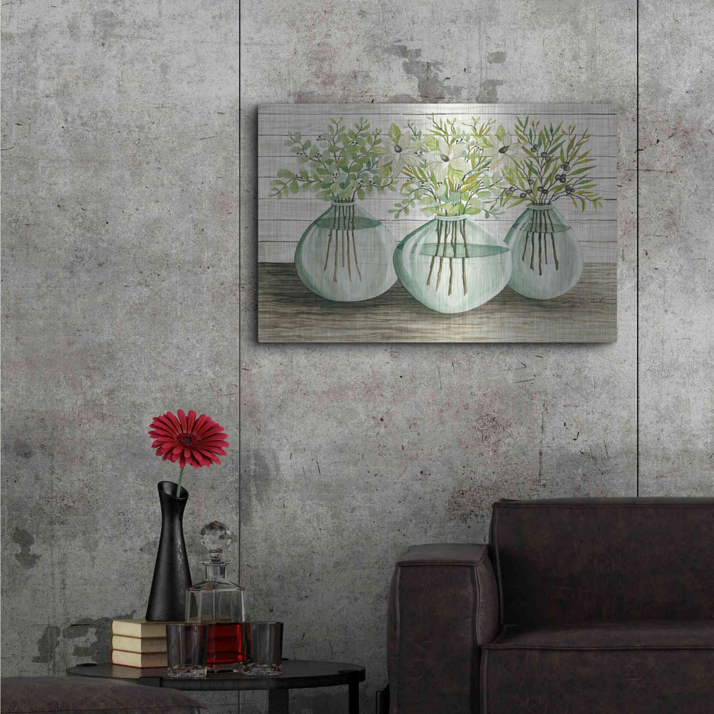 Luxe Metal Art 'Eucalyptus in Glass Vases' by Cindy Jacobs, Metal Wall Art,36x24