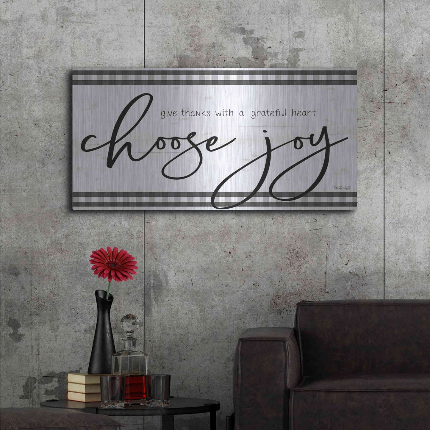 Luxe Metal Art 'Choose Joy Plaid' by Cindy Jacobs, Metal Wall Art,48x24