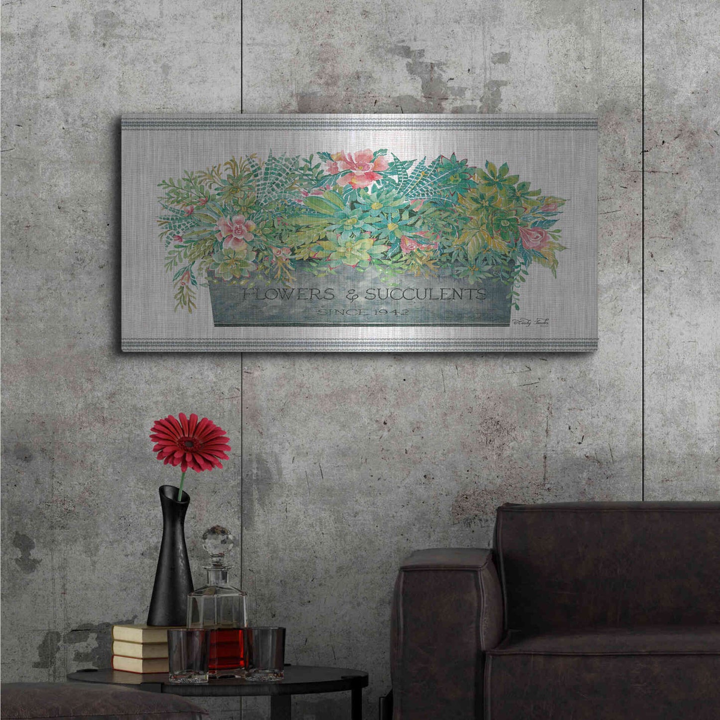 Luxe Metal Art 'Flowers & Succulents' by Cindy Jacobs, Metal Wall Art,48x24