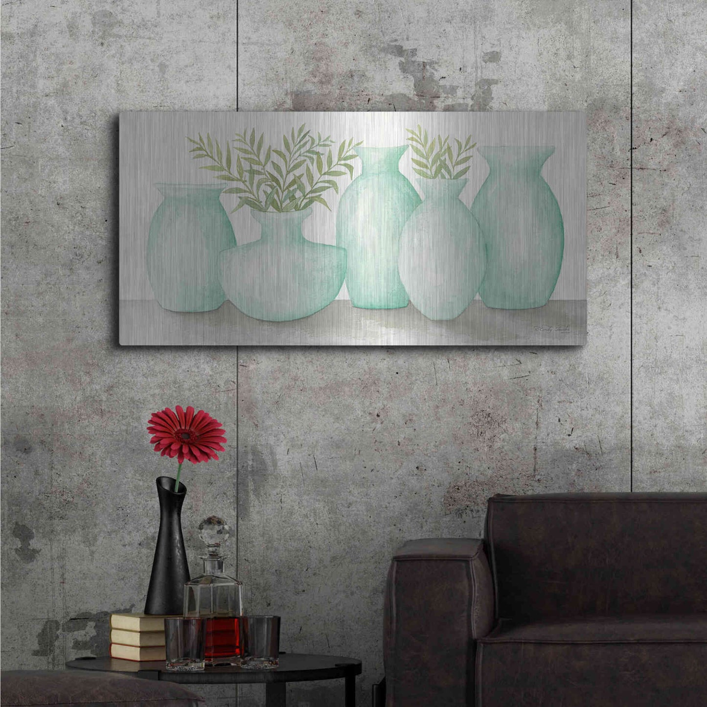 Luxe Metal Art 'Mint Vases' by Cindy Jacobs, Metal Wall Art,48x24