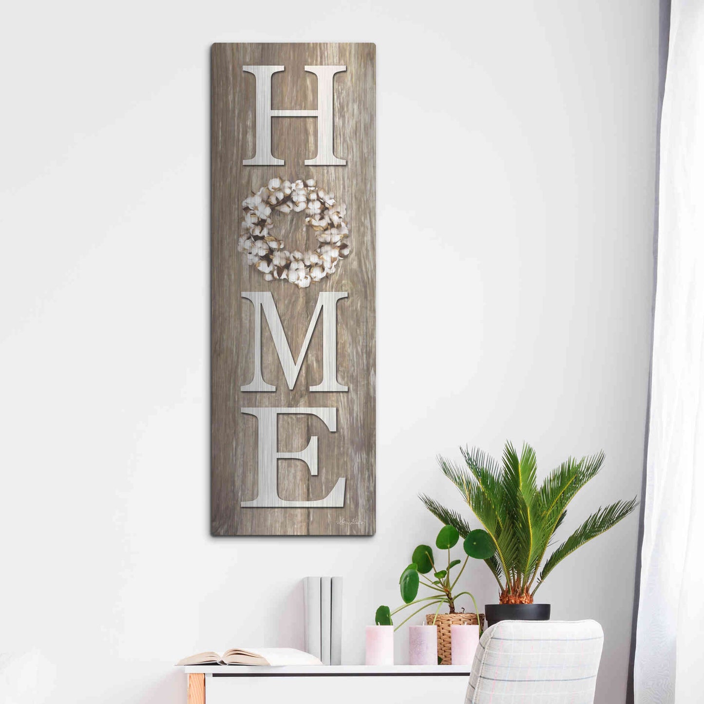 Luxe Metal Art 'Cotton Wreath Home' by Lori Deiter, Metal Wall Art,16x48