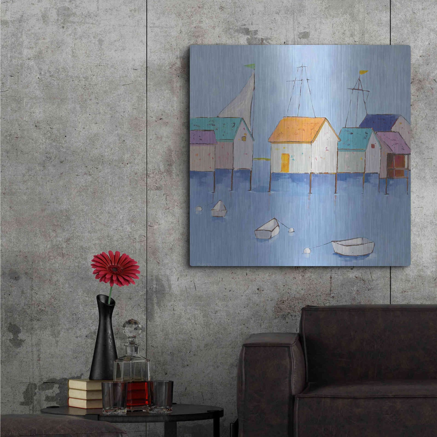 Luxe Metal Art 'Boat House Row Dark Blue Sky' by Phyllis Adams, Metal Wall Art,36x36