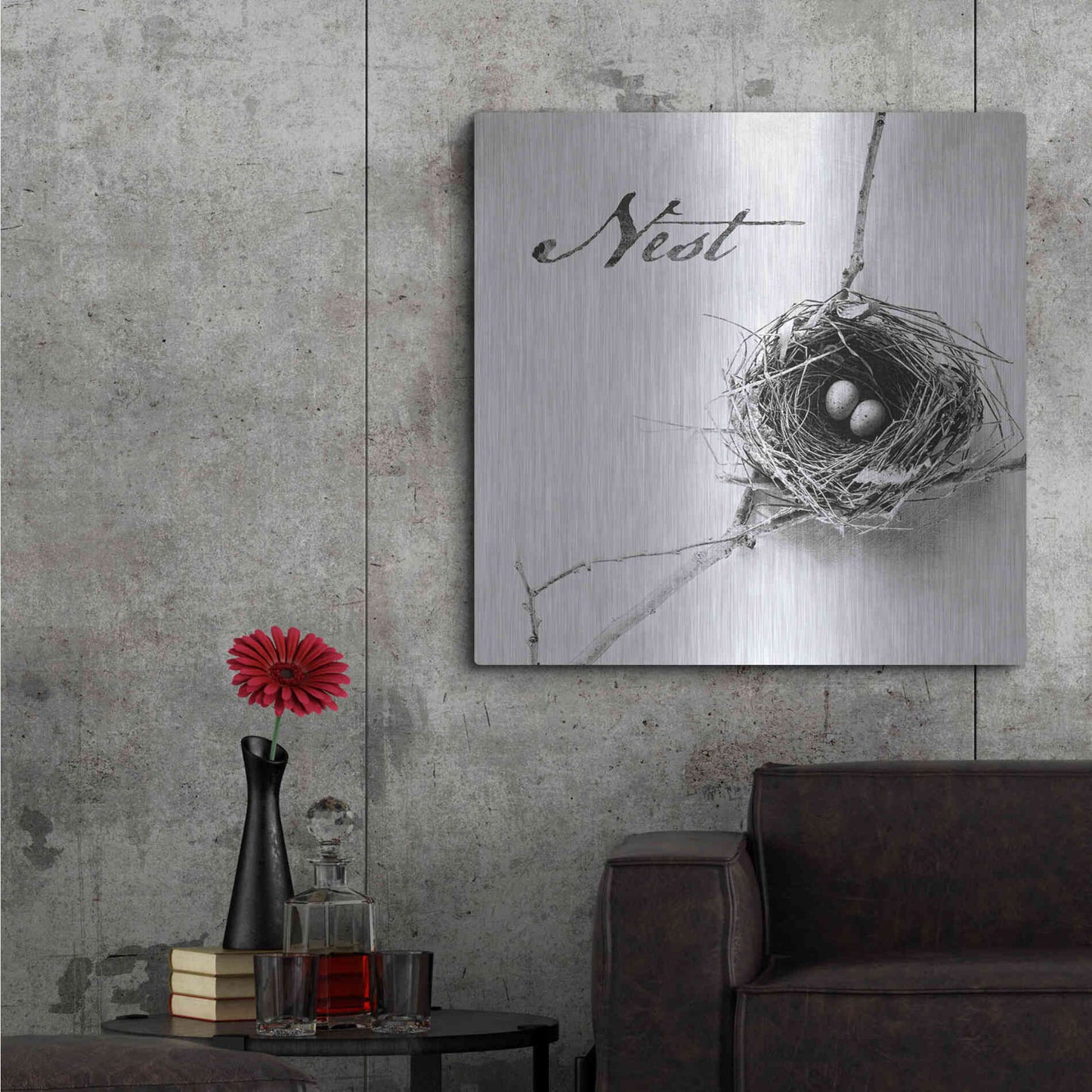 Luxe Metal Art 'Nest and Branch IV - Nest B&W' by Debra Van Swearingen, Metal Wall Art,36x36
