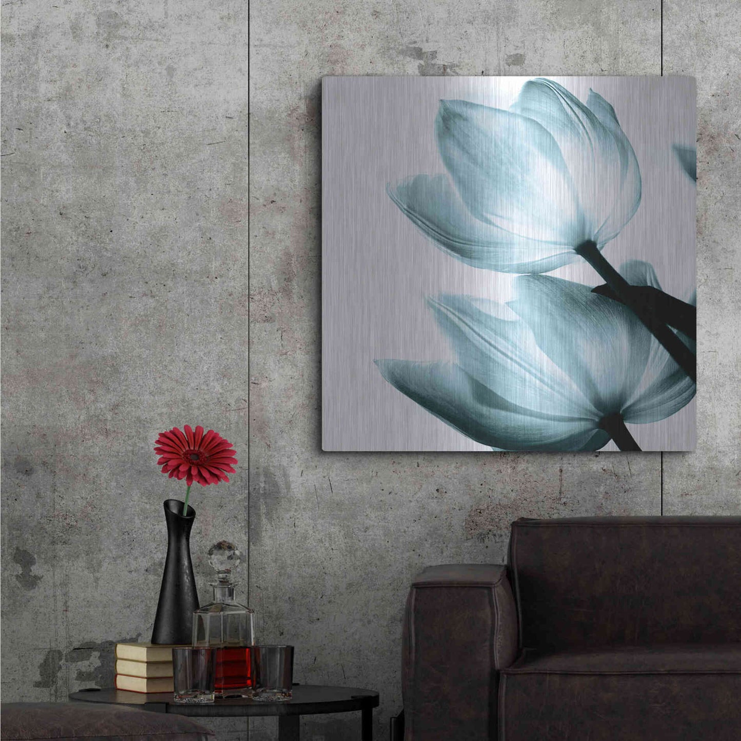 Luxe Metal Art 'Translucent Tulips II Aqua' by Debra Van Swearingen, Metal Wall Art,36x36