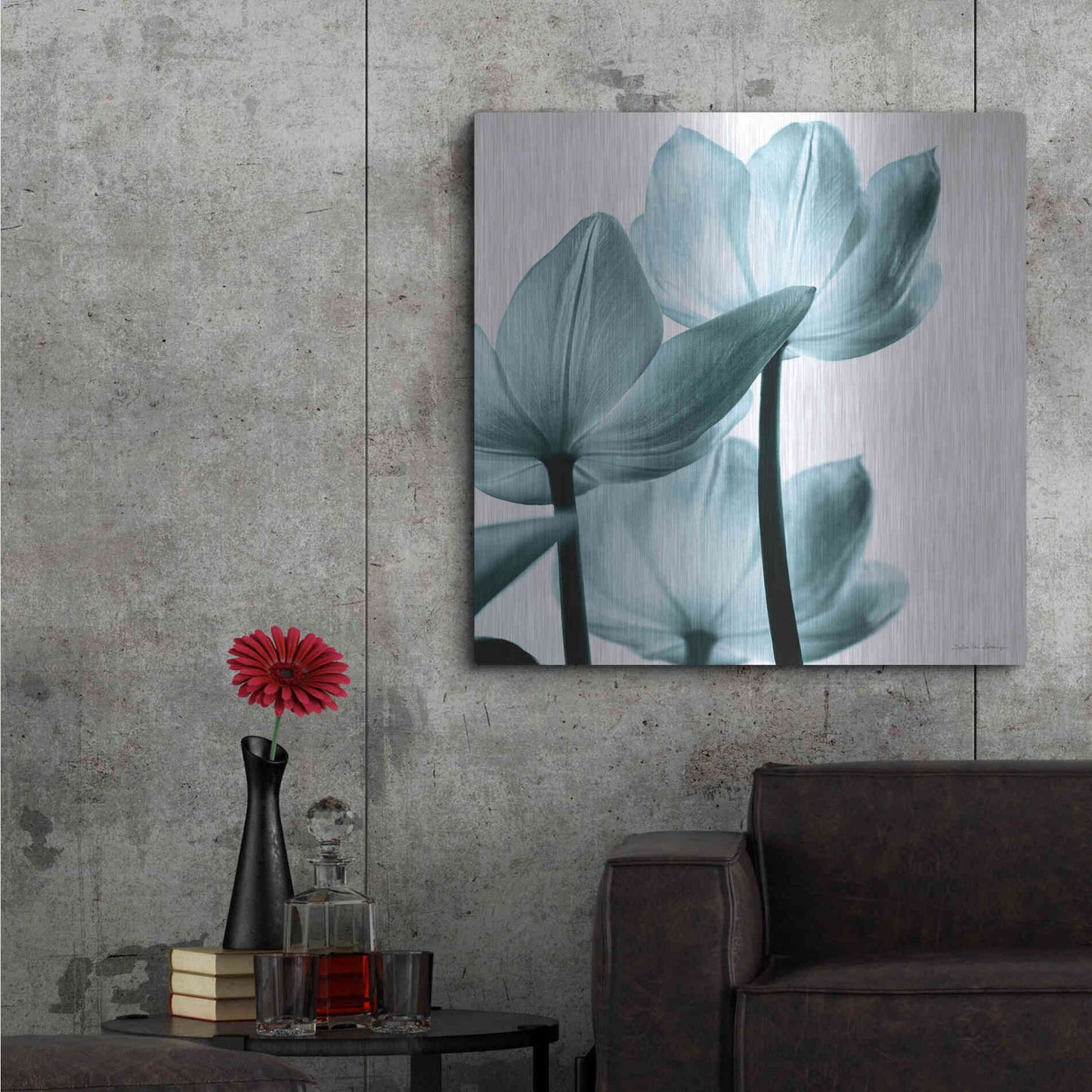 Luxe Metal Art 'Translucent Tulips III Aqua' by Debra Van Swearingen, Metal Wall Art,36x36