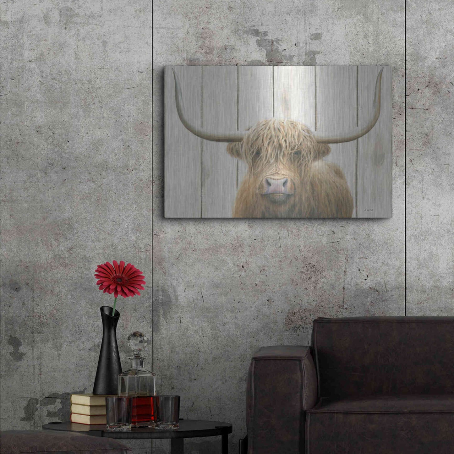 Luxe Metal Art 'Highland Cow Shiplap' by James Wiens, Metal Wall Art,36x24