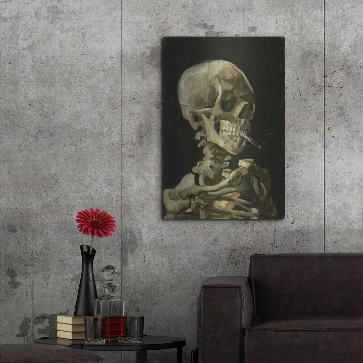 Luxe Metal Art 'Head of a Skeleton with a Burning Cigarette' by Vincent Van Gogh, Metal Wall Art,24x36