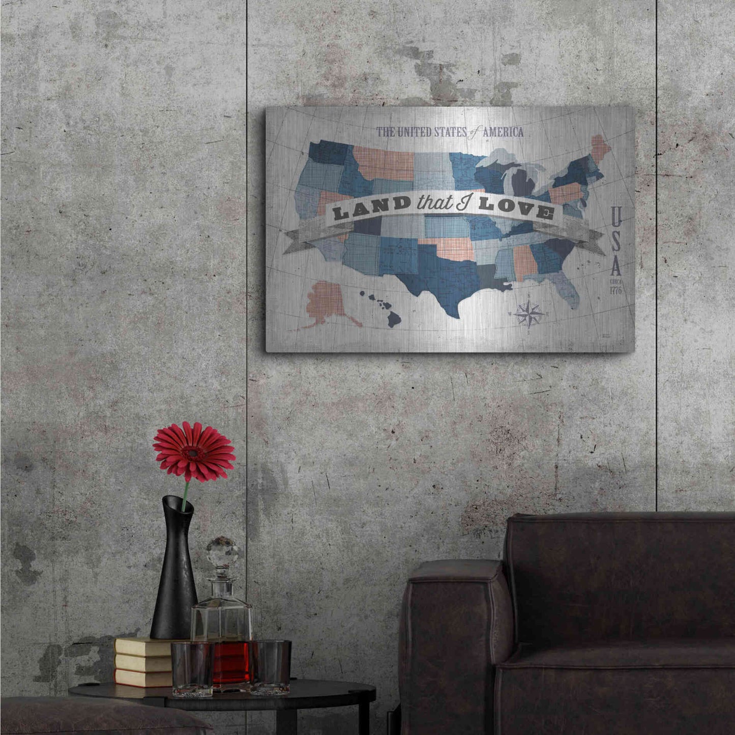 Luxe Metal Art 'USA Modern Vintage Blue Grey Red with Words' by Michael Mullan, Metal Wall Art,36x24
