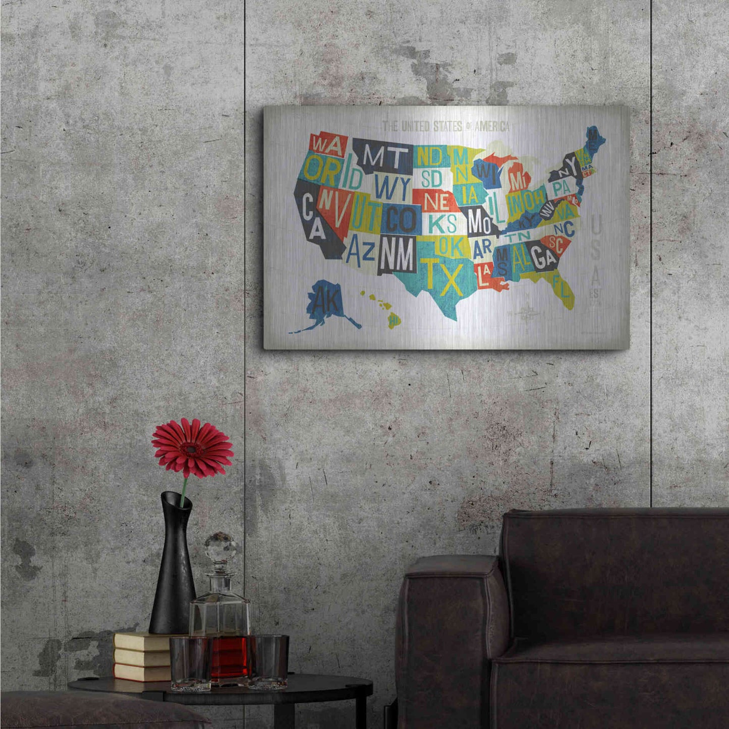 Luxe Metal Art 'Letterpress USA Map' by Michael Mullan, Metal Wall Art,36x24
