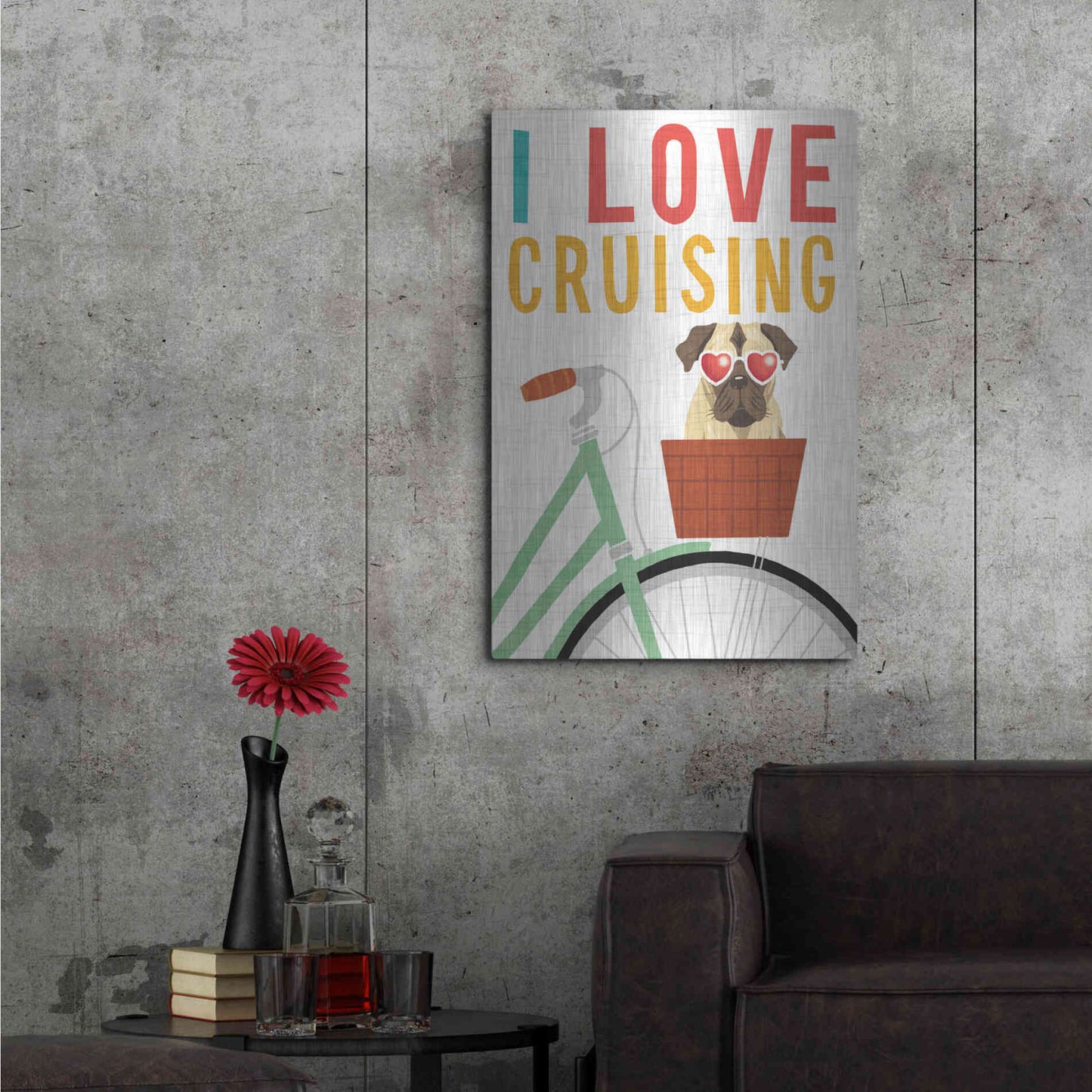 Luxe Metal Art 'Beach Bums Pug Bicycle I Love' by Michael Mullan, Metal Wall Art,24x36