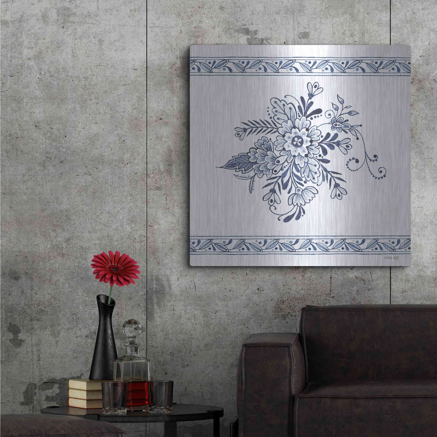 Luxe Metal Art 'Navy Floral IV' by Cindy Jacobs, Metal Wall Art,36x36