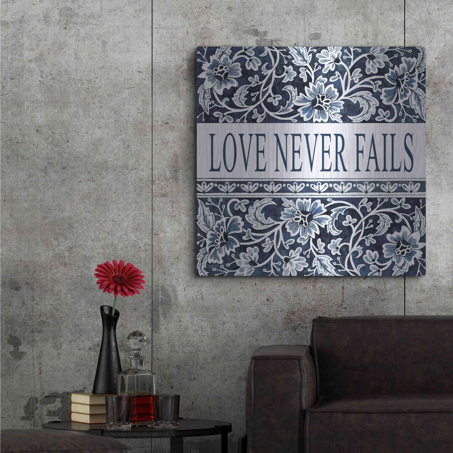 Luxe Metal Art 'Love Never Fails Navy' by Cindy Jacobs, Metal Wall Art,36x36