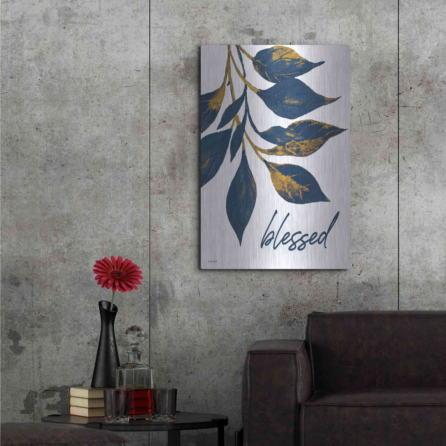 Luxe Metal Art 'Blessed Navy Gold Leaves' by Cindy Jacobs, Metal Wall Art,24x36