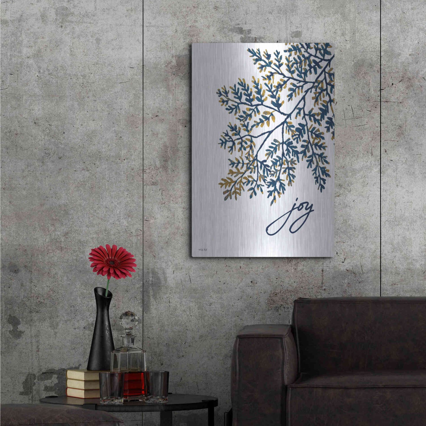 Luxe Metal Art 'Joy Navy Gold Leaves' by Cindy Jacobs, Metal Wall Art,24x36
