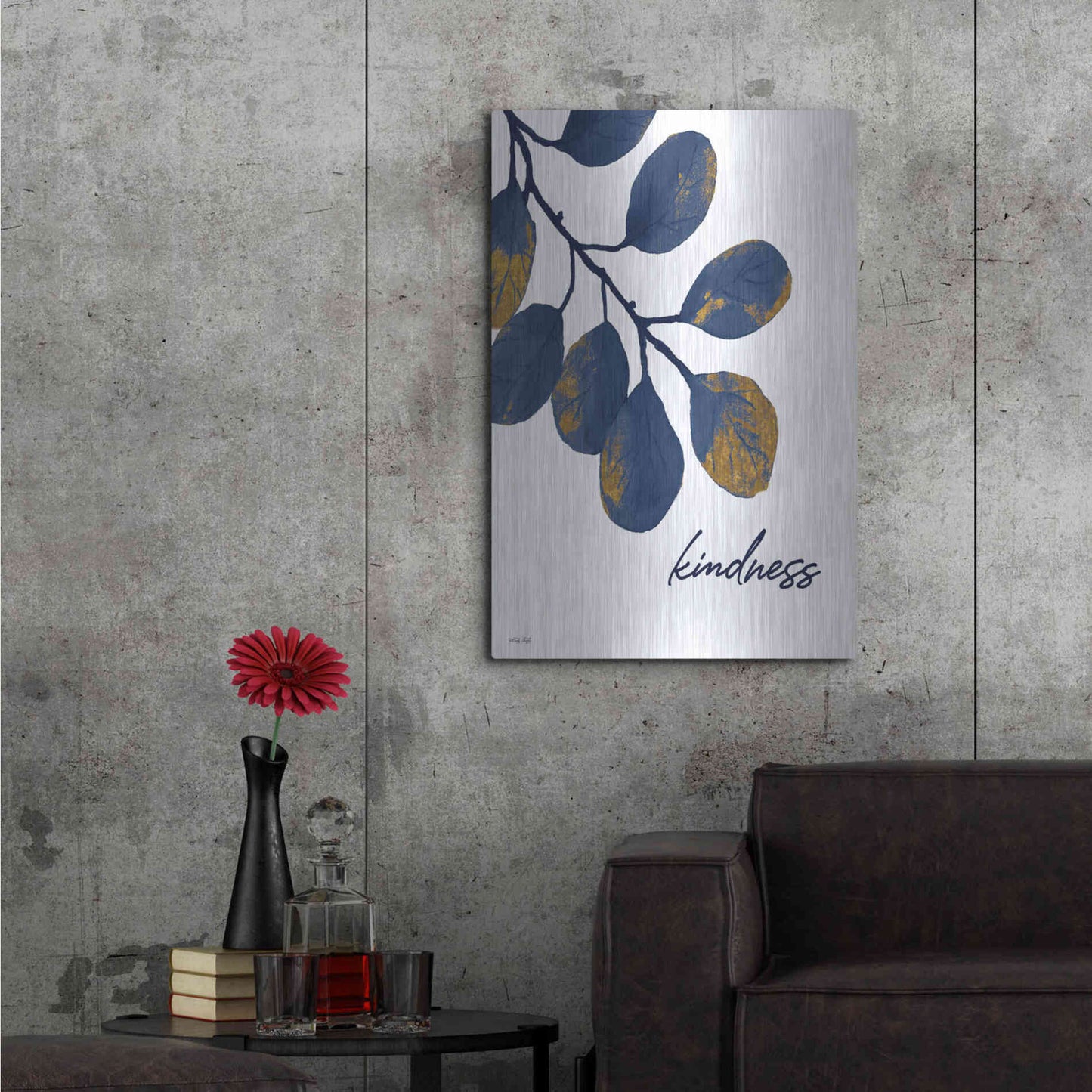 Luxe Metal Art 'Kindness Navy Gold Leaves' by Cindy Jacobs, Metal Wall Art,24x36