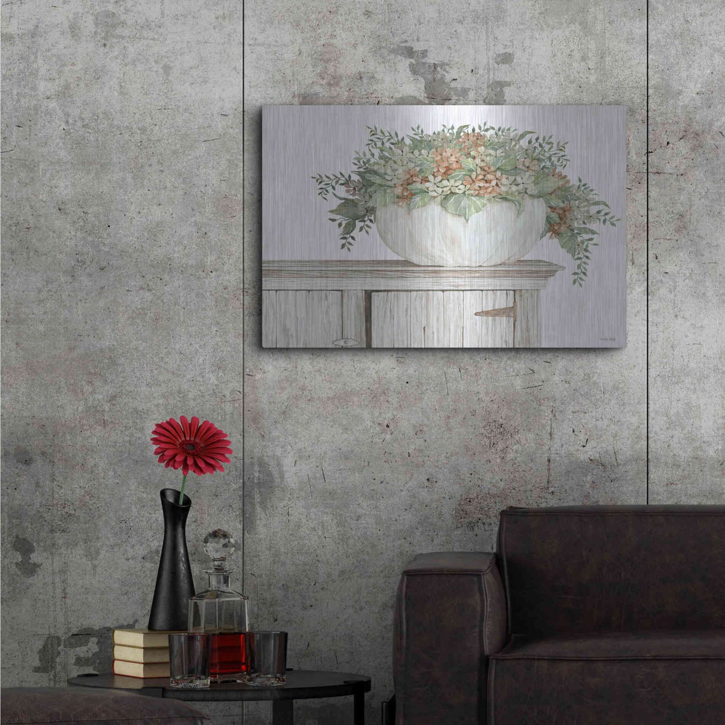 Luxe Metal Art 'Fall Floral Pumpkin White' by Cindy Jacobs, Metal Wall Art,36x24