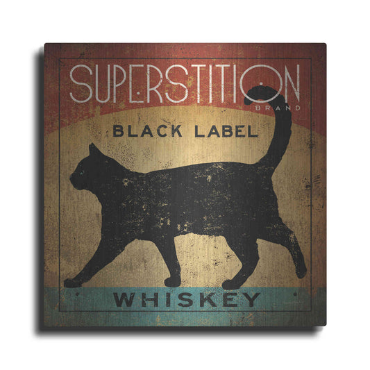 Luxe Metal Art 'Superstition Black Label Whiskey Cat' by Ryan Fowler, Metal Wall Art
