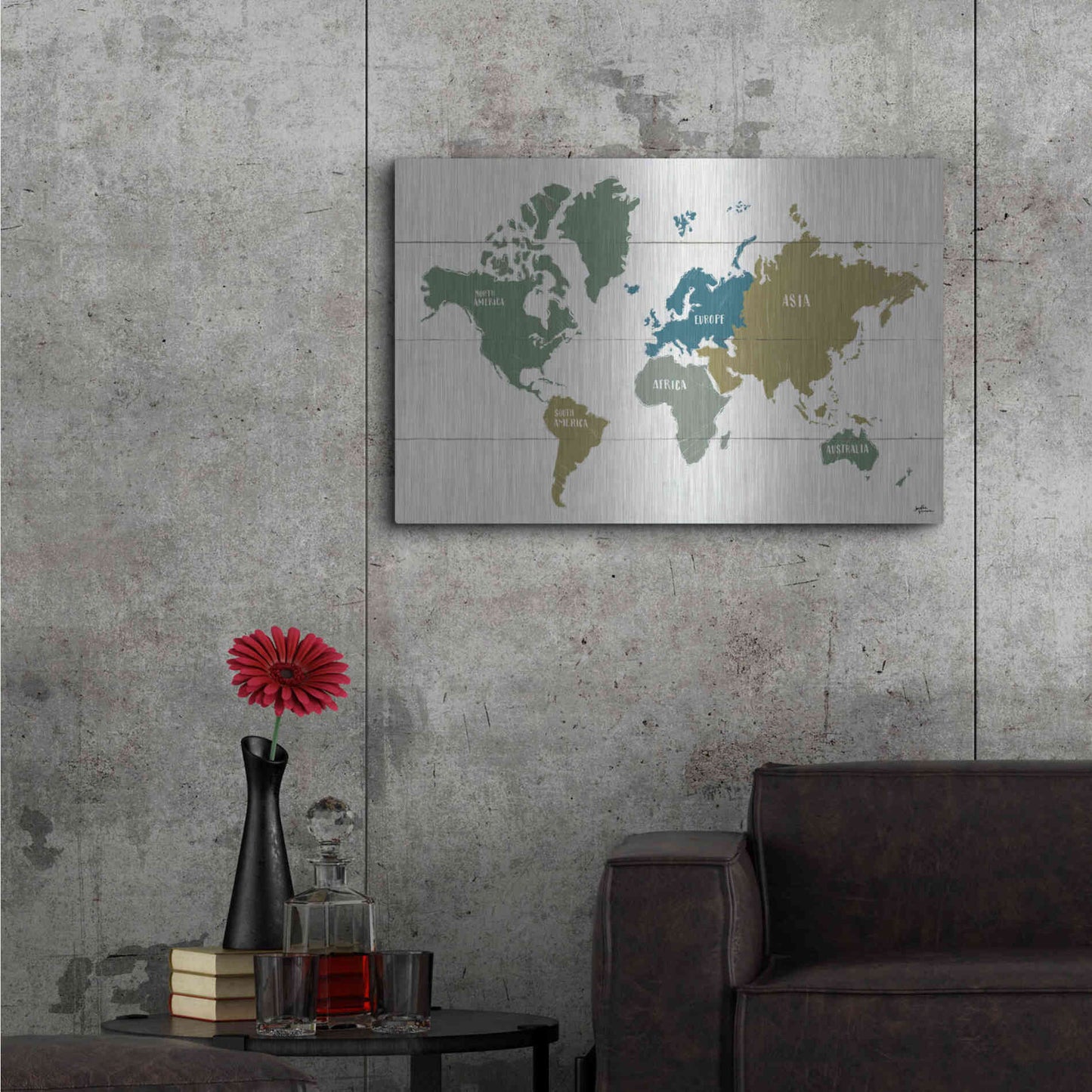 Luxe Metal Art 'Peace and Lodge World Map' by Janelle Penner, Metal Wall Art,36x24