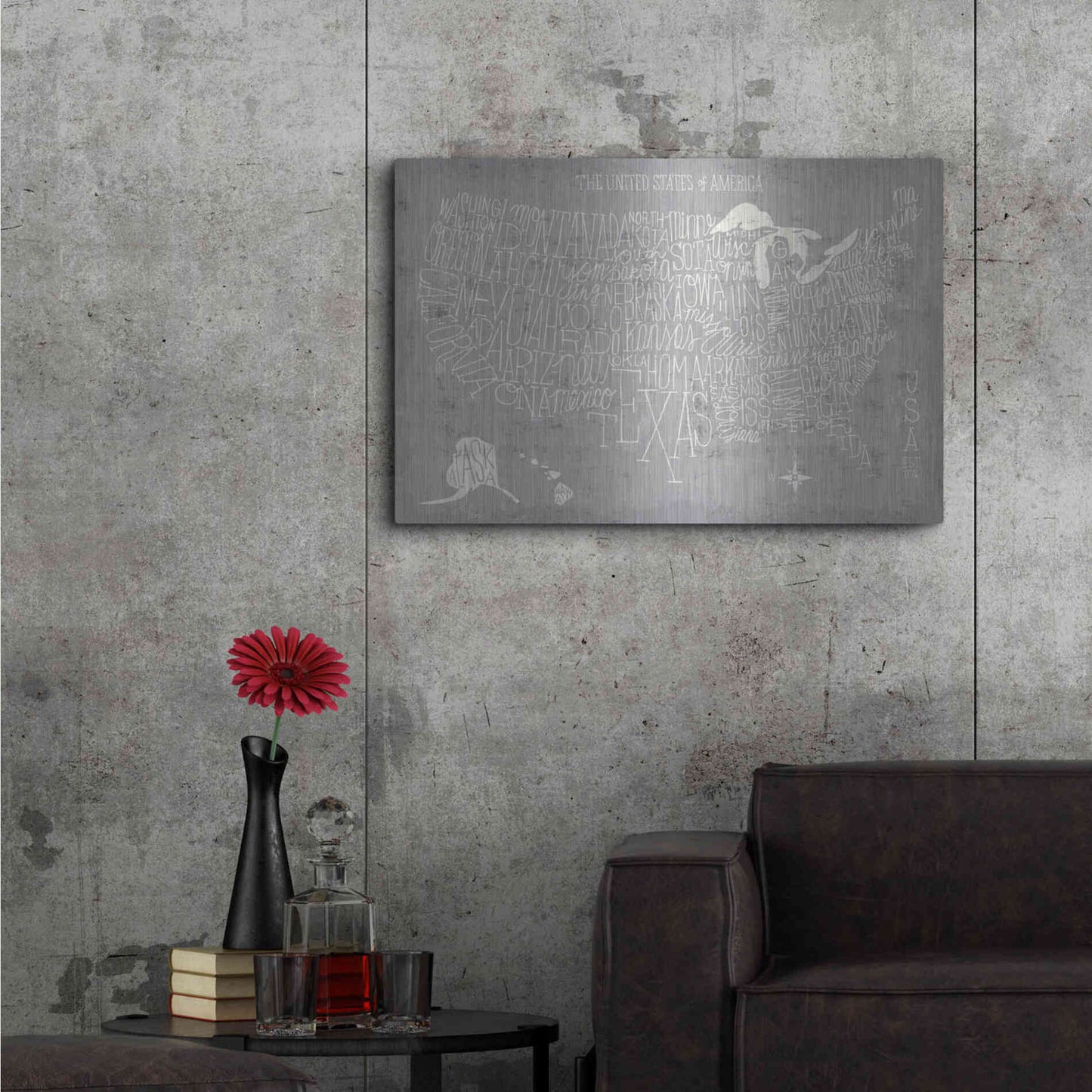 Luxe Metal Art 'Hand Lettered USA Map Gray' by Michael Mullan, Metal Wall Art,36x24