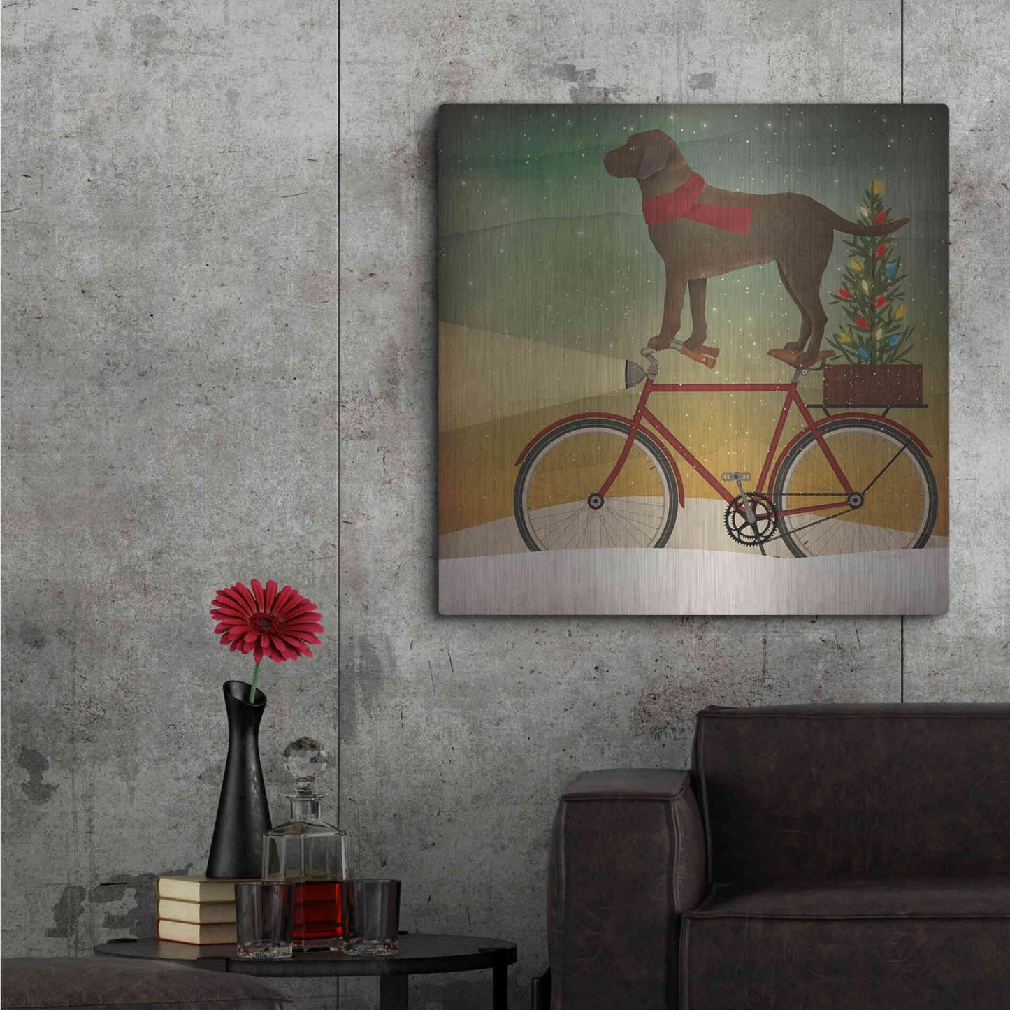 Luxe Metal Art 'Brown Lab on Bike Christmas' by Ryan Fowler, Metal Wall Art,36x36