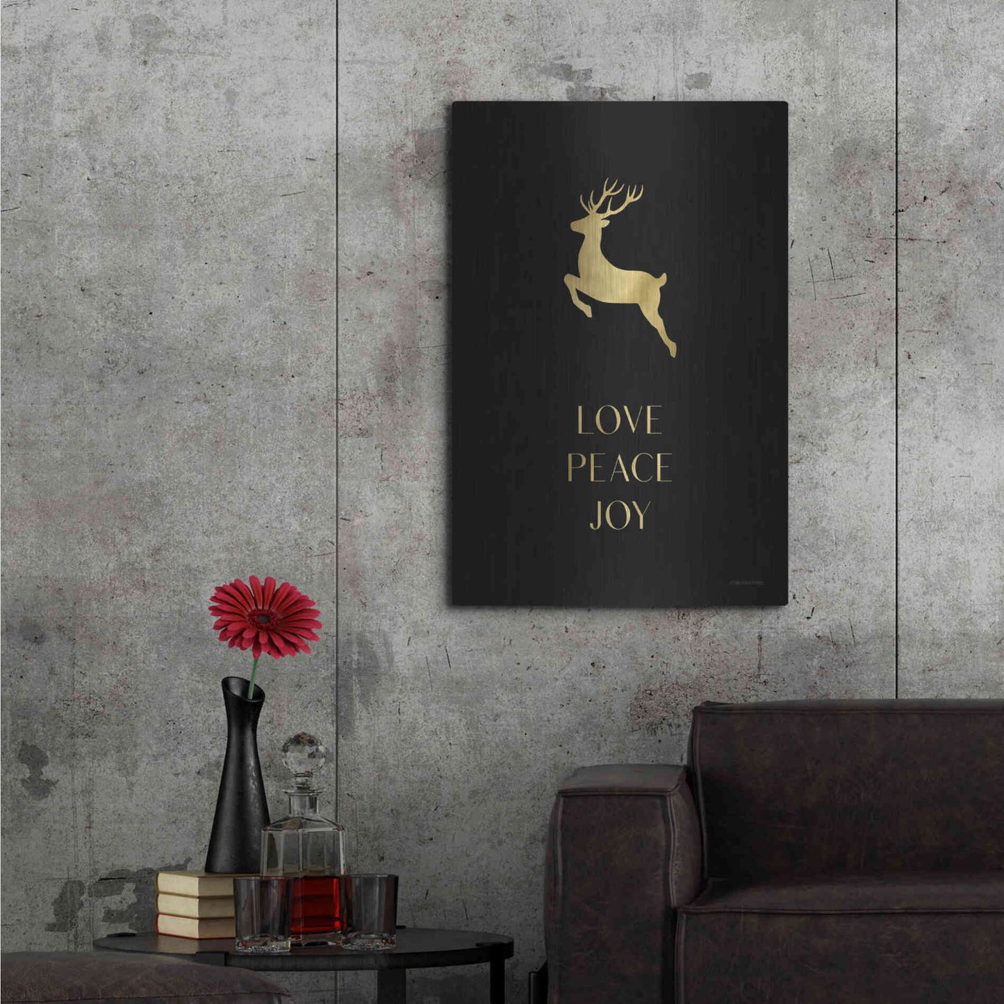 Luxe Metal Art 'Love, Peace, Joy Reindeer' by Lady Louise Designs, Metal Wall Art,24x36