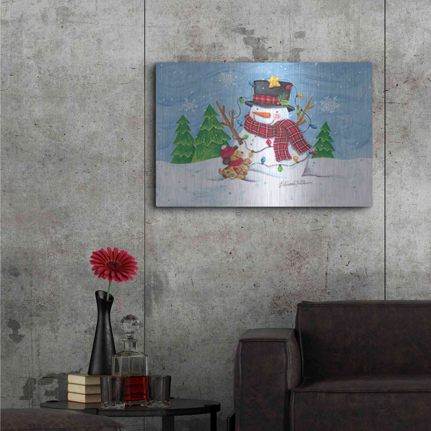 Luxe Metal Art 'Snowman and Christmas Lights' by Diane Kater, Metal Wall Art,36x24