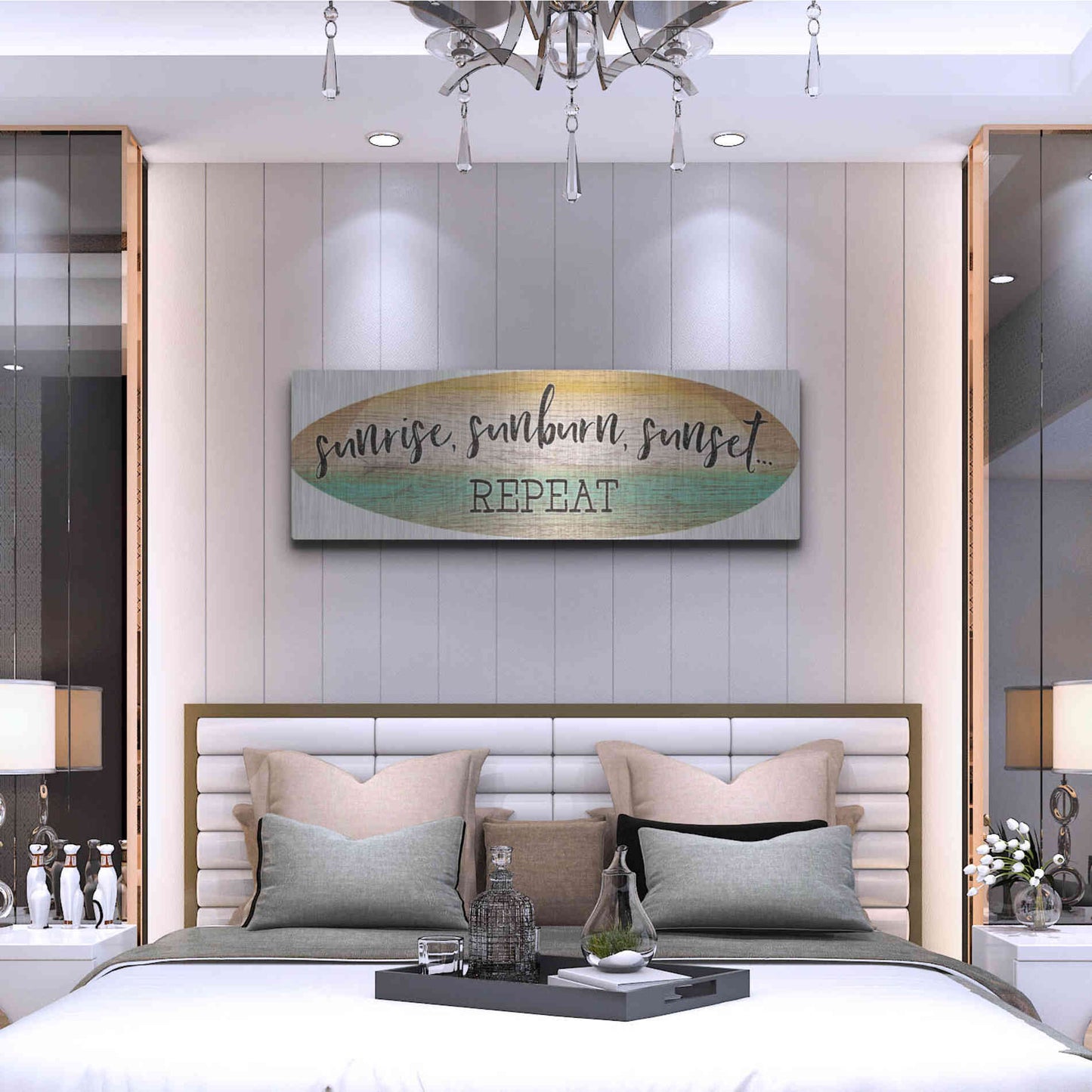 Luxe Metal Art 'Sunrise Surfboard' by Cloverfield & Co., Metal Wall Art,48x16