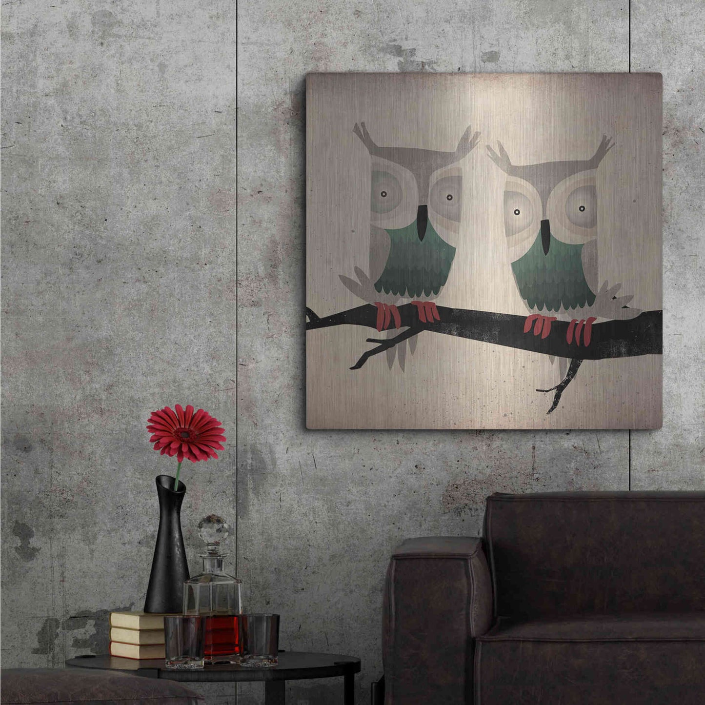 Luxe Metal Art 'Tan Owls Square' by Ryan Fowler, Metal Wall Art,36x36
