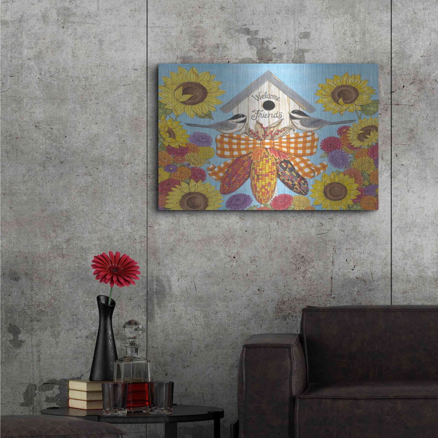 Luxe Metal Art 'Fall Birdhouse with Chickadees' by Deb Strain, Metal Wall Art,36x24