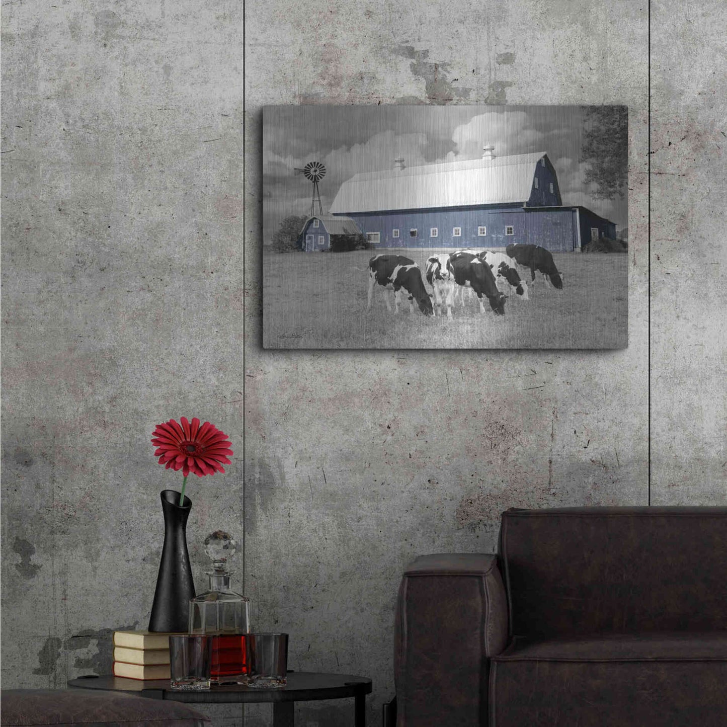 Luxe Metal Art 'Blue Barn with Cows' by Lori Deiter, Metal Wall Art,36x24