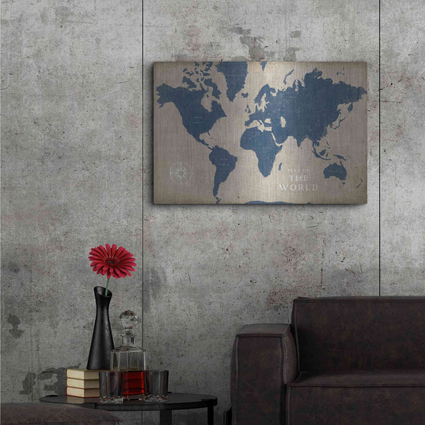 Luxe Metal Art 'Burlap World Map I Navy' by Sue Schlabach, Metal Wall Art,36x24