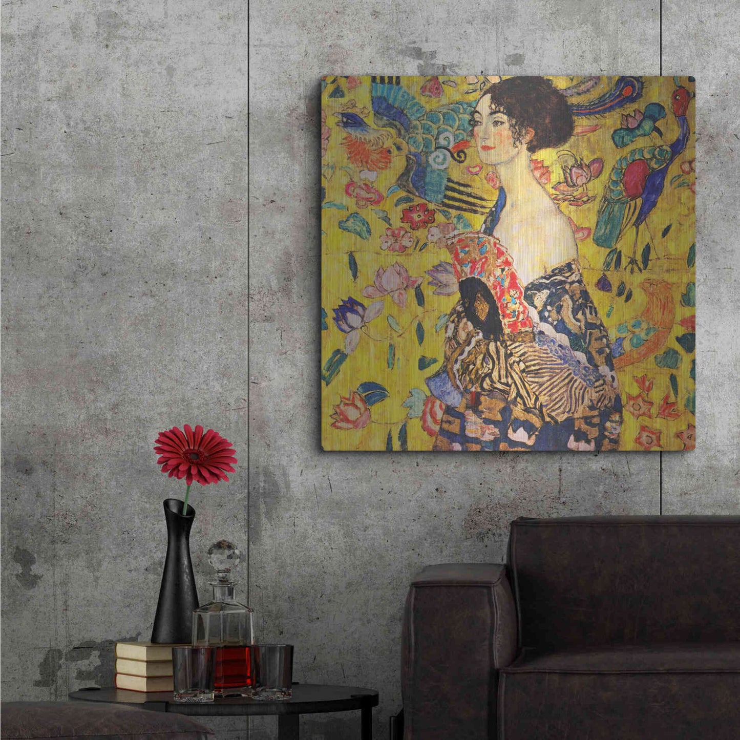 Luxe Metal Art 'Woman with Fan' by Gustav Klimt, Metal Wall Art,36x36