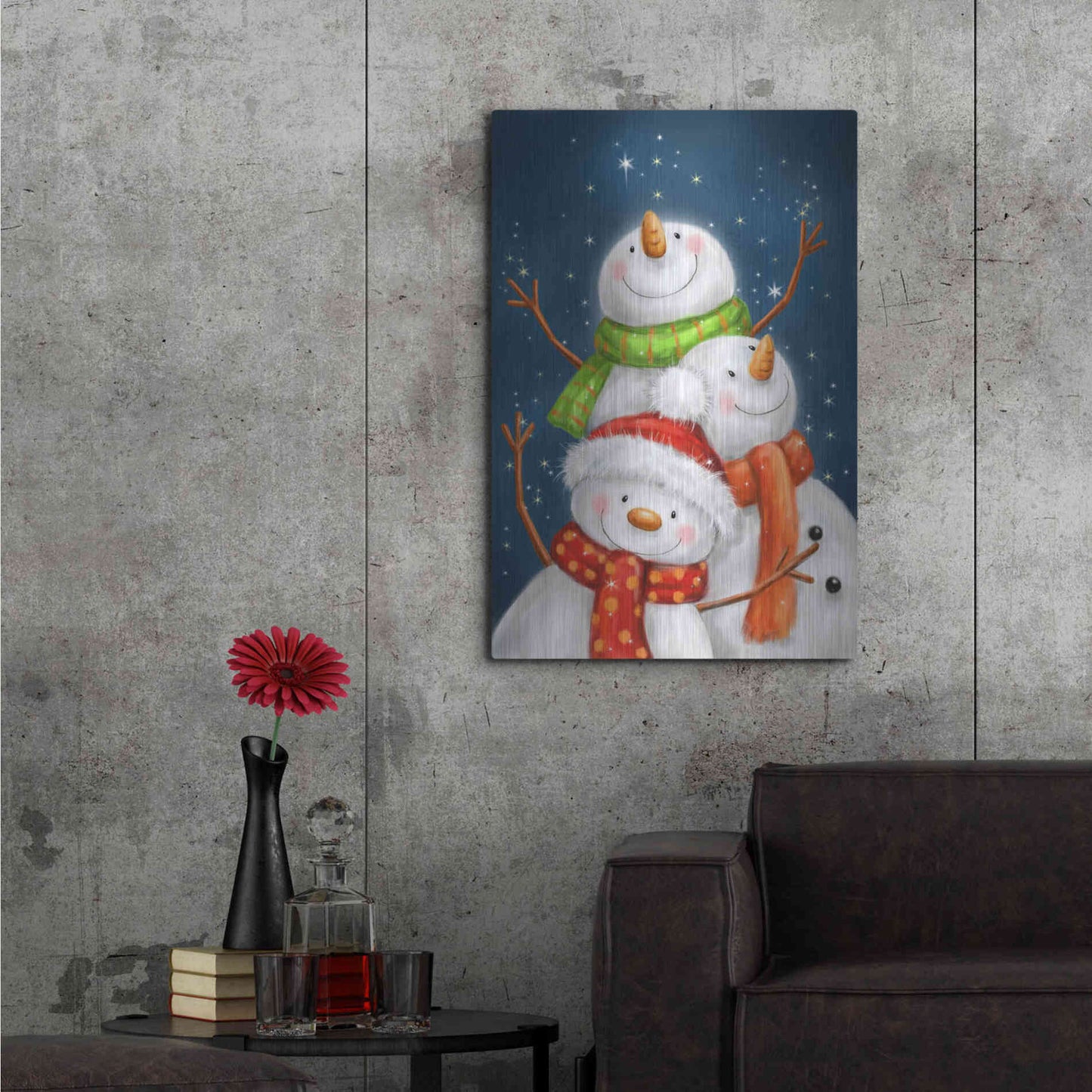 Luxe Metal Art 'Three Snowmen Blue Background' by Makiko, Metal Wall Art,24x36