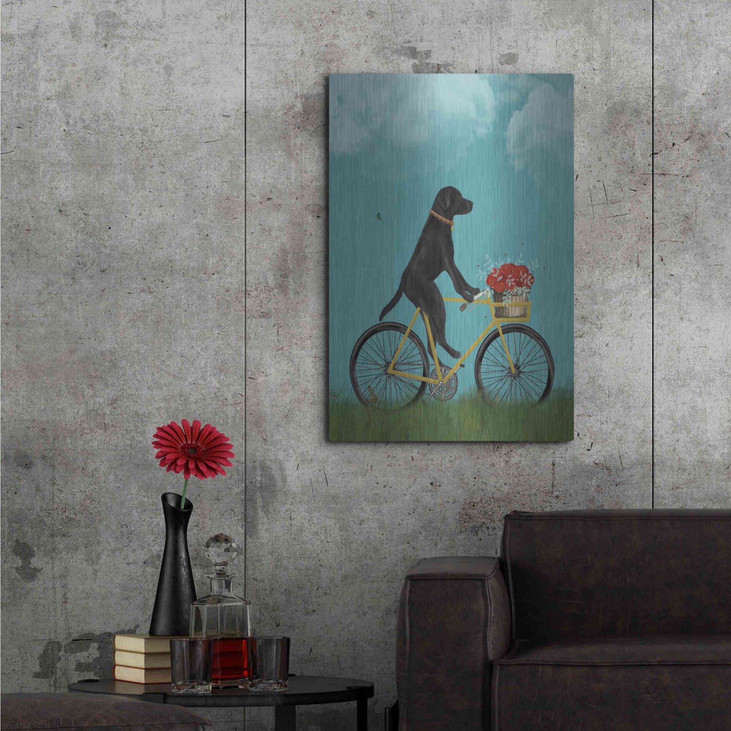 Luxe Metal Art 'Black Labrador on Bicycle - Sky' by Fab Funky Metal Wall Art,24x36