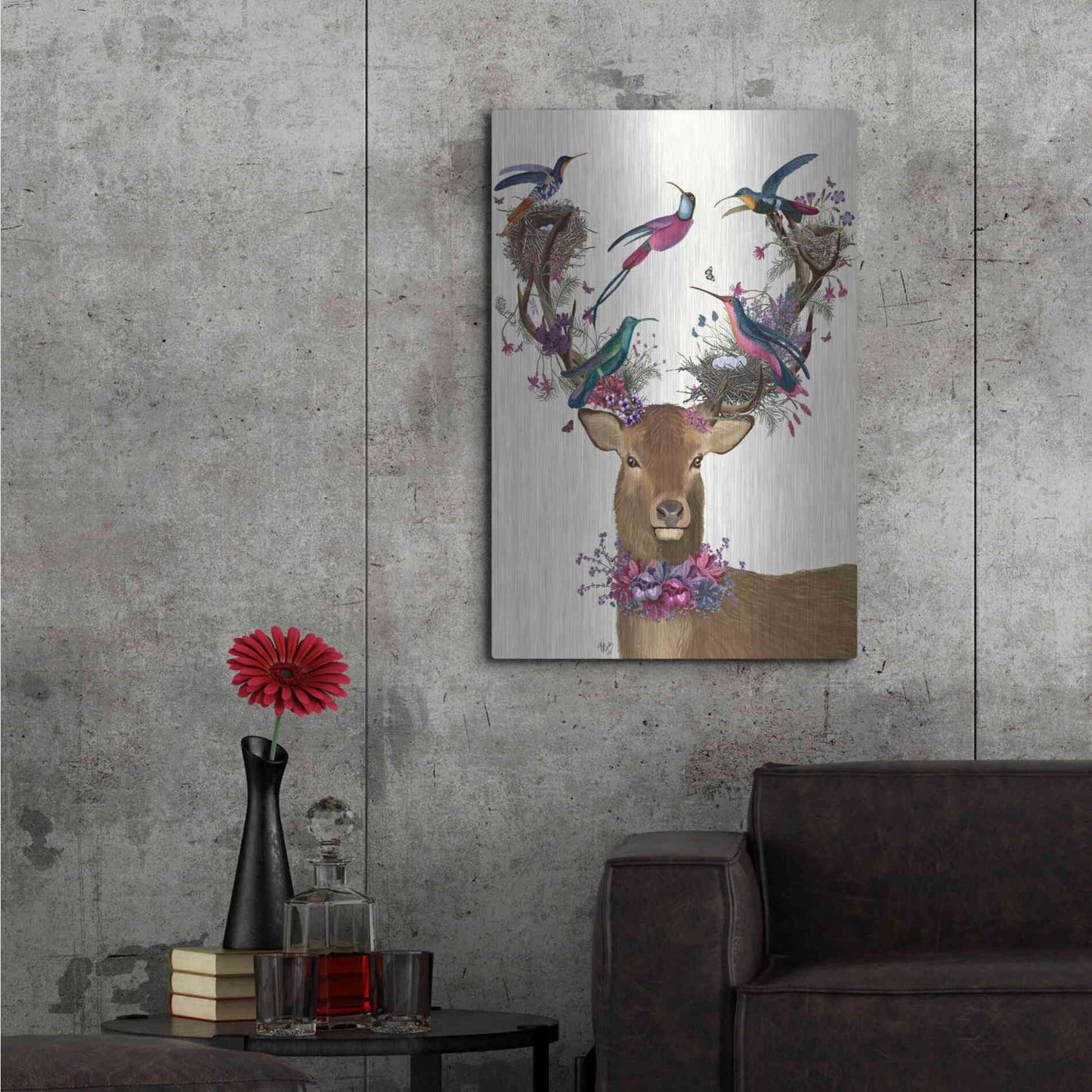 Luxe Metal Art 'Deer Birdkeeper, Tropical Bird Nests' by Fab Funky Metal Wall Art,24x36